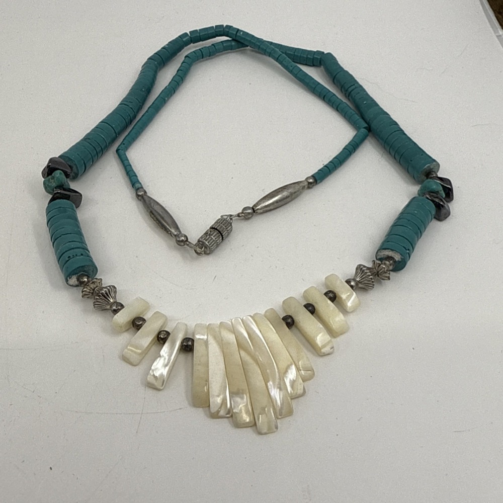 Vtg Faux Turquoise Heishi Shell Native American‎ Necklace Hematite 22" Long
